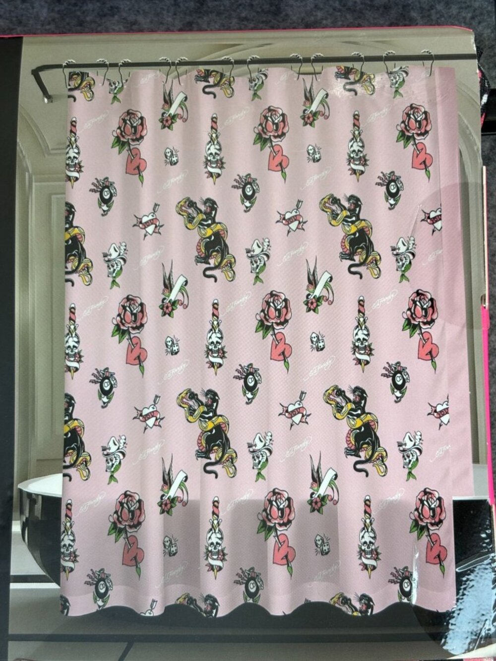 Ed Hardy Shower Curtain Set w 14 Piece w Hooks & Liner Pink Hearts Panther Snake